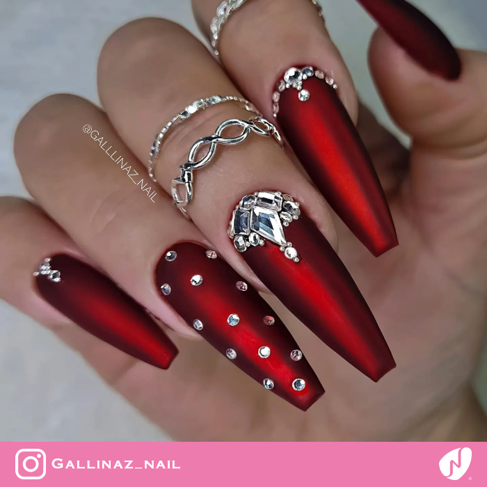 Ruby Red Nails with Stone Design